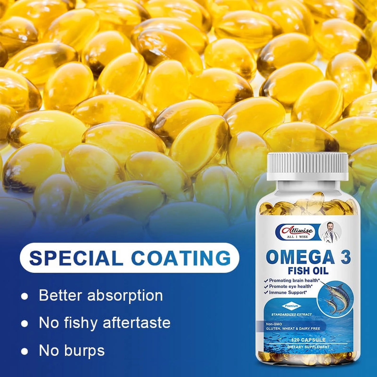 Omega 3 Fish Oil | EPA & DHA | Omega 3 Fatty Acids | Premium Burpless Softgel Supplements (120 Count)